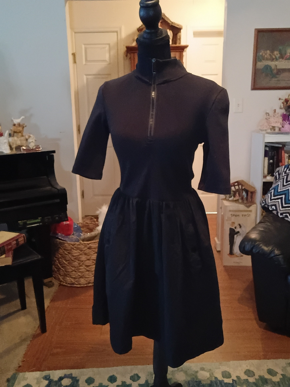 Steve Madden Black Zip-Front Mock Neck Parachute Skirt Midi Dress